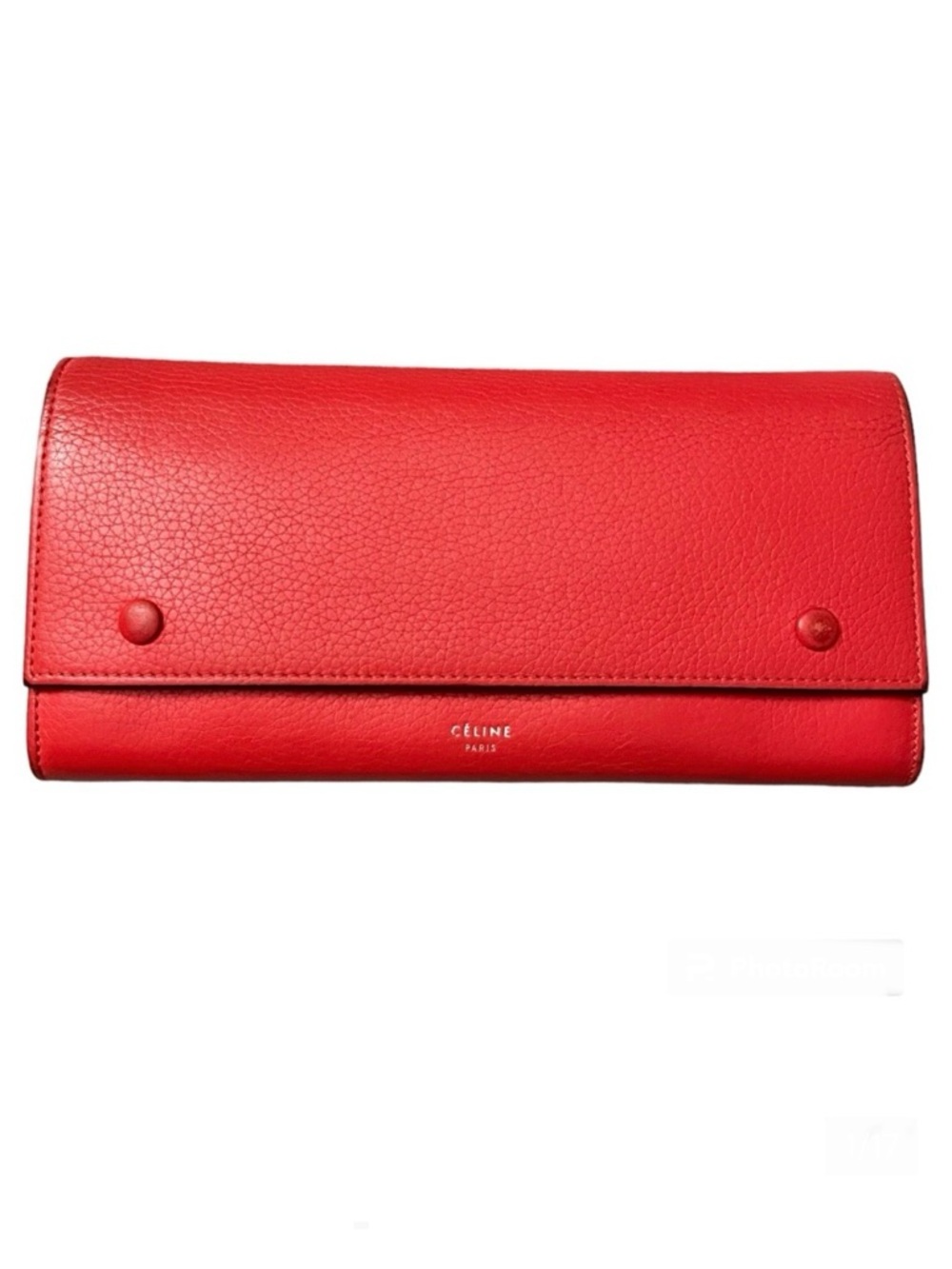 CELINE Red Orange Pebbled Leather Long Flap Wallet